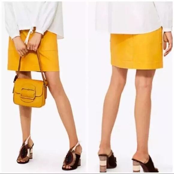 Tory Burch Colette High Waisted Denim Pencil Mini Skirt India Gold Yellow Size 0